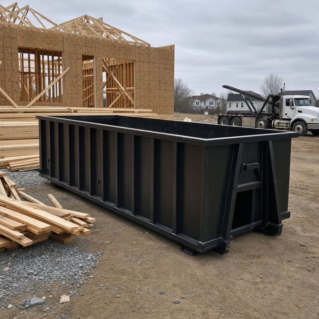 Matte-black 40-yard roll-off dumpster staged on a framed-out residential construction site in Palm Coast, framing lumber stacked nearby, hooklift delivery truck visible in the background under bright Colorado daylight