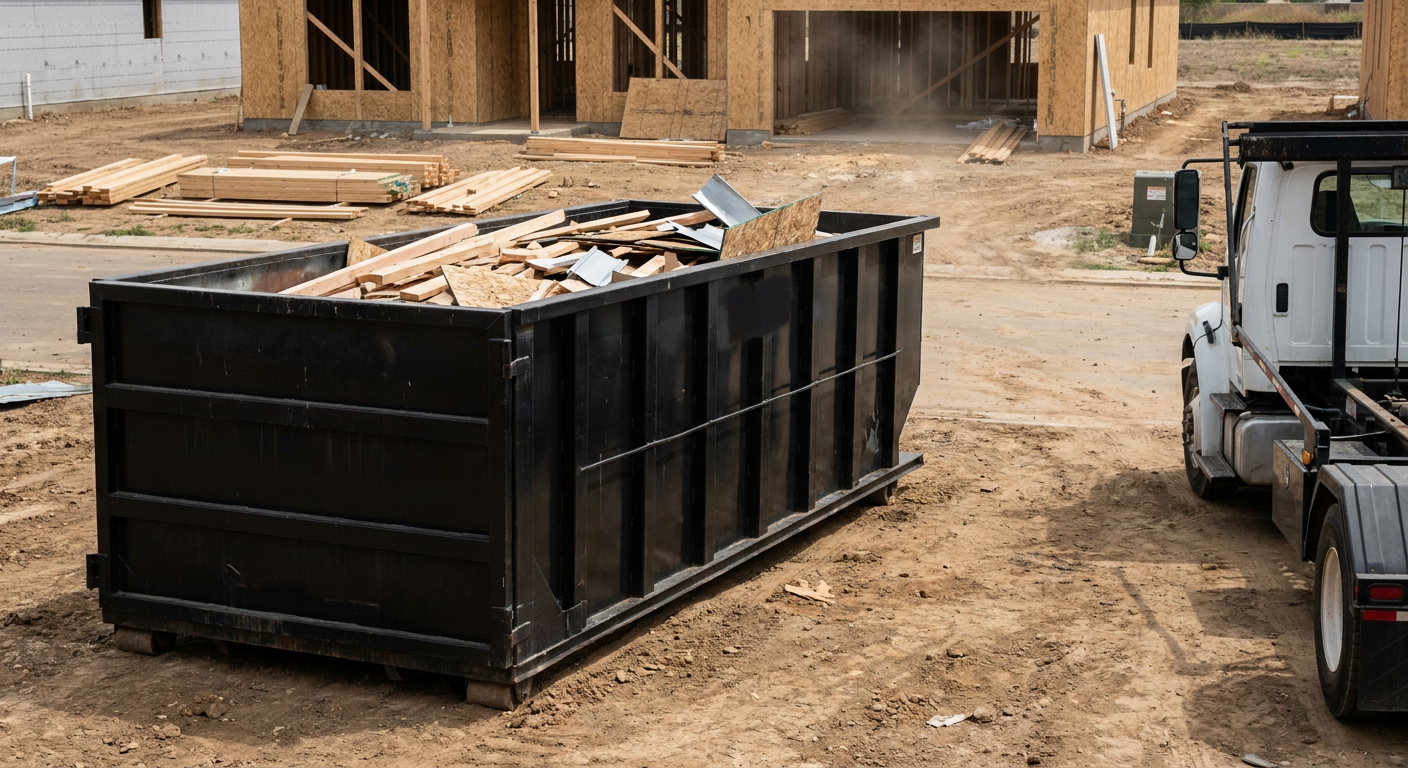 Matte-black 20-yard roll-off construction dumpster with heavy ribbed steel sidewalls and swing rear doors at a working jobsite in Palm Coast, sitting directly on compacted dirt with an unmarked white hauler partially visible at the far edge of the frame.