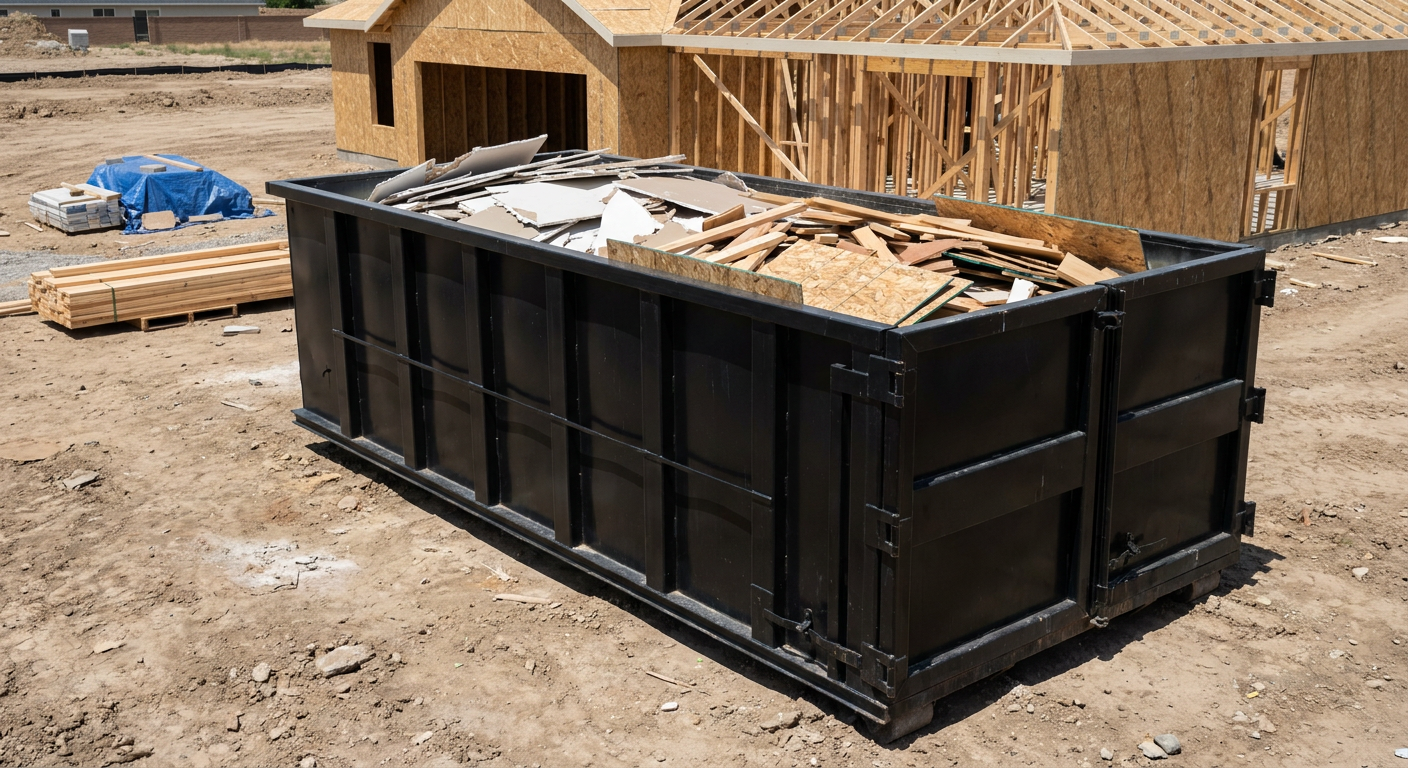 Matte-black 30-yard roll-off construction dumpster sitting directly on the compacted-dirt site of a framed single-family home build in Palm Coast, drywall and lumber scrap loaded inside.