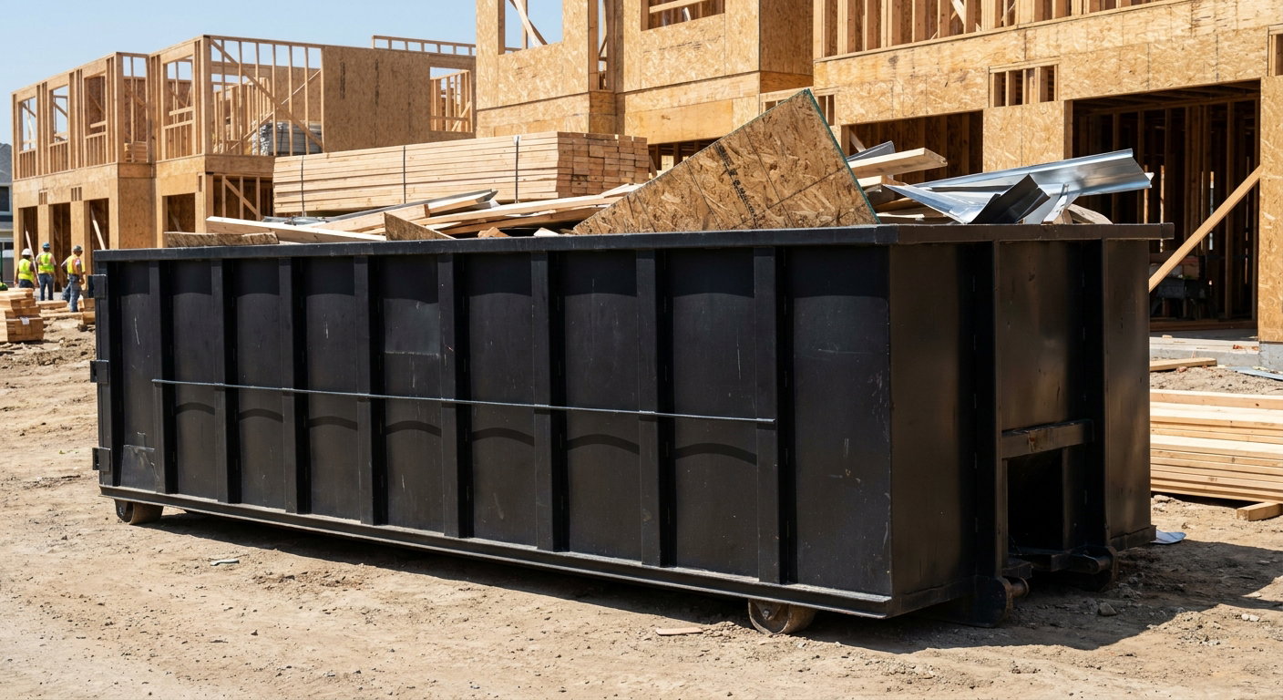 Matte-black 40-yard roll-off construction dumpster being lowered from a white-cab hooklift delivery truck onto the compacted-dirt jobsite at a commercial build site in Palm Coast