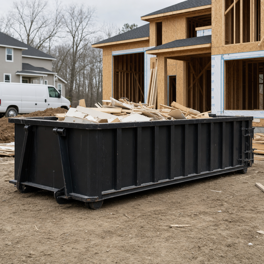 Worker in a yellow high-visibility vest tossing framing lumber and broken drywall into a matte-black 30-yard construction roll-off dumpster on an active build site in Palm Coast, bright daylight