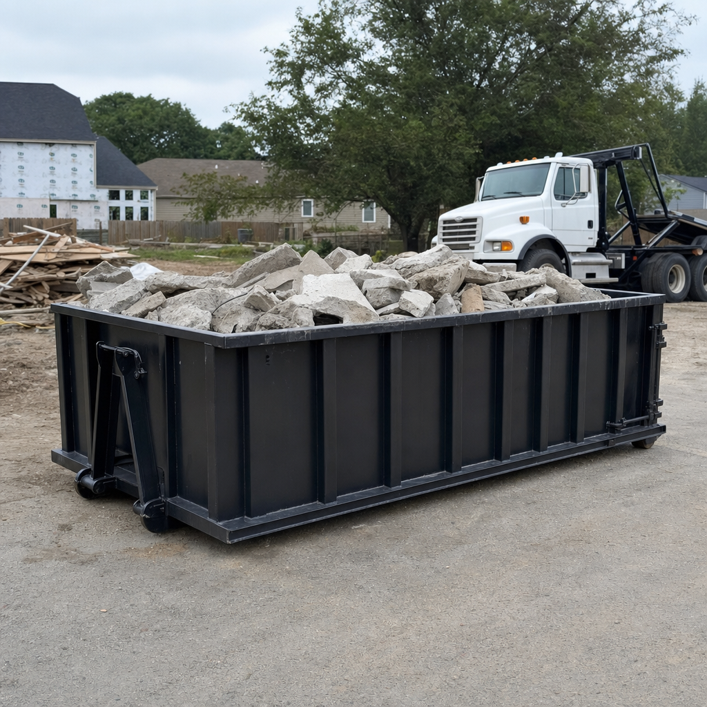 Low-profile matte-black lowboy roll-off dumpster loaded with broken concrete slab and rebar at a foundation tear-out in Palm Coast, skid steer parked beside it, sunny Colorado morning