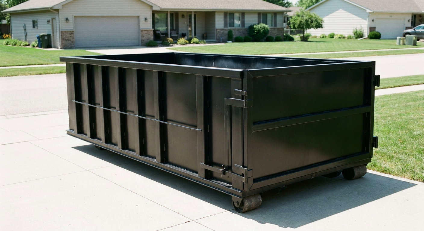 Matte-black 10-yard roll-off dumpster on a residential concrete driveway in Palm Coast, uniformly painted matte black across every panel and rail, ribbed steel sidewalls and rear swing door visible, mid-day daylight.