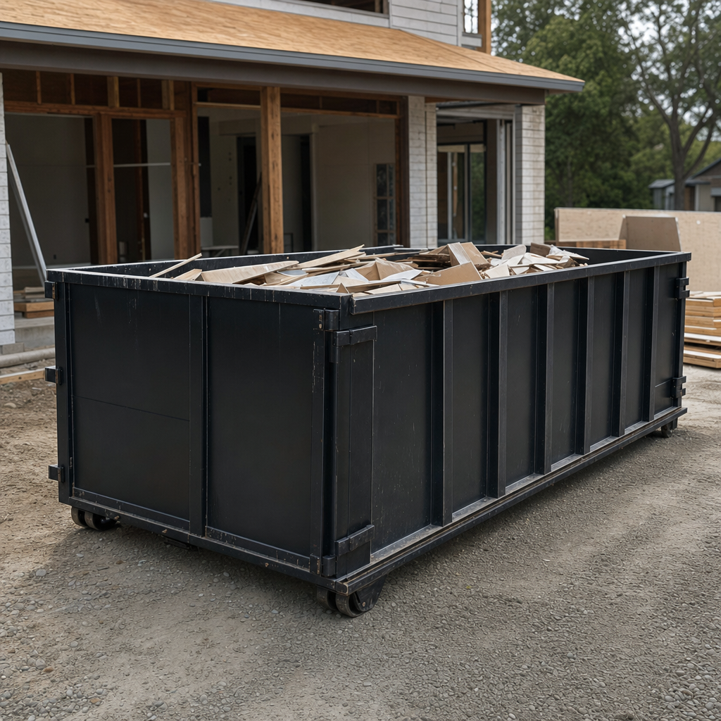 Large matte-black 30-yard construction roll-off dumpster at an active Palm Coast jobsite, steel-gray top rails and bottom rollers visible, loaded with construction debris.
