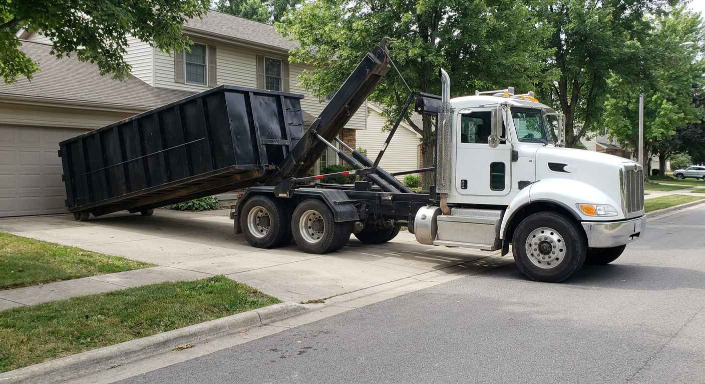 White-cab hooklift roll-off truck actively lowering a matte-black dumpster onto a Palm Coast residential concrete driveway, the dumpster's rear wheels touching the driveway as the hoist arm tilts the bed forward, mid-morning daylight.