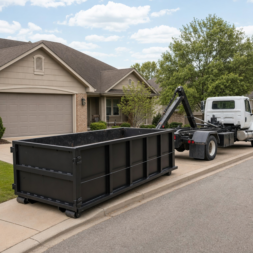 Wide documentary shot of a matte-black roll-off dumpster on a Palm Coast residential driveway in the foreground and a contractor jobsite container in the soft-focus background, bright daylight, calm and orderly composition.