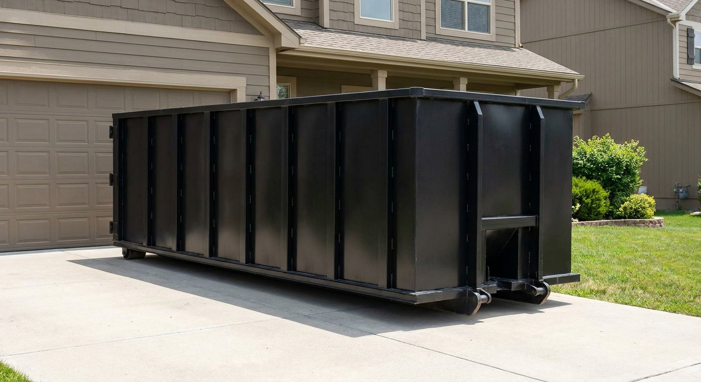 Matte-black residential roll-off dumpster sitting directly on a suburban Palm Coast concrete driveway, garage door closed, single-family home in background, bright morning daylight.