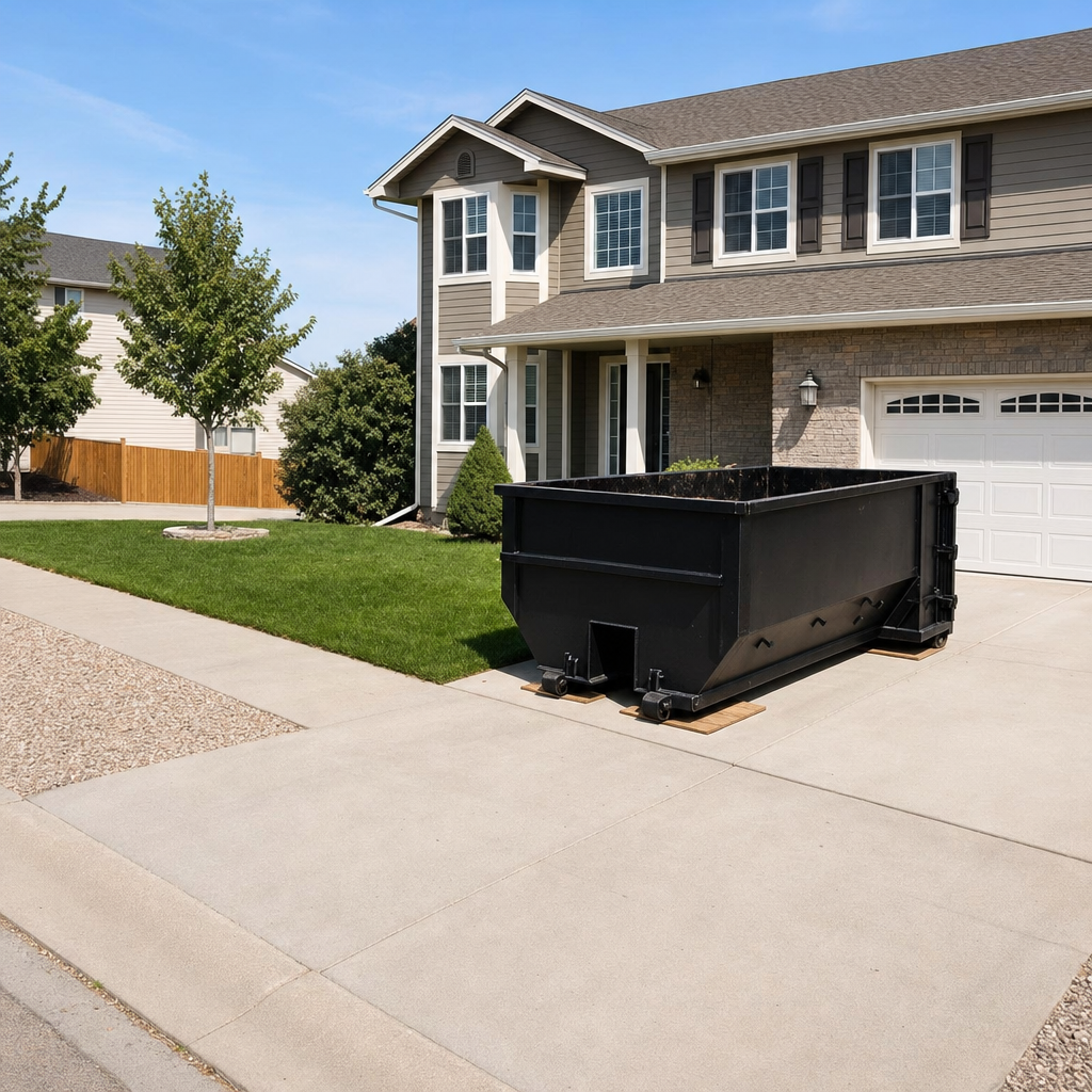 10-yard matte-black residential dumpster placed directly on a narrow Palm Coast concrete driveway, room remains for a parked sedan beside it, mid-morning natural light