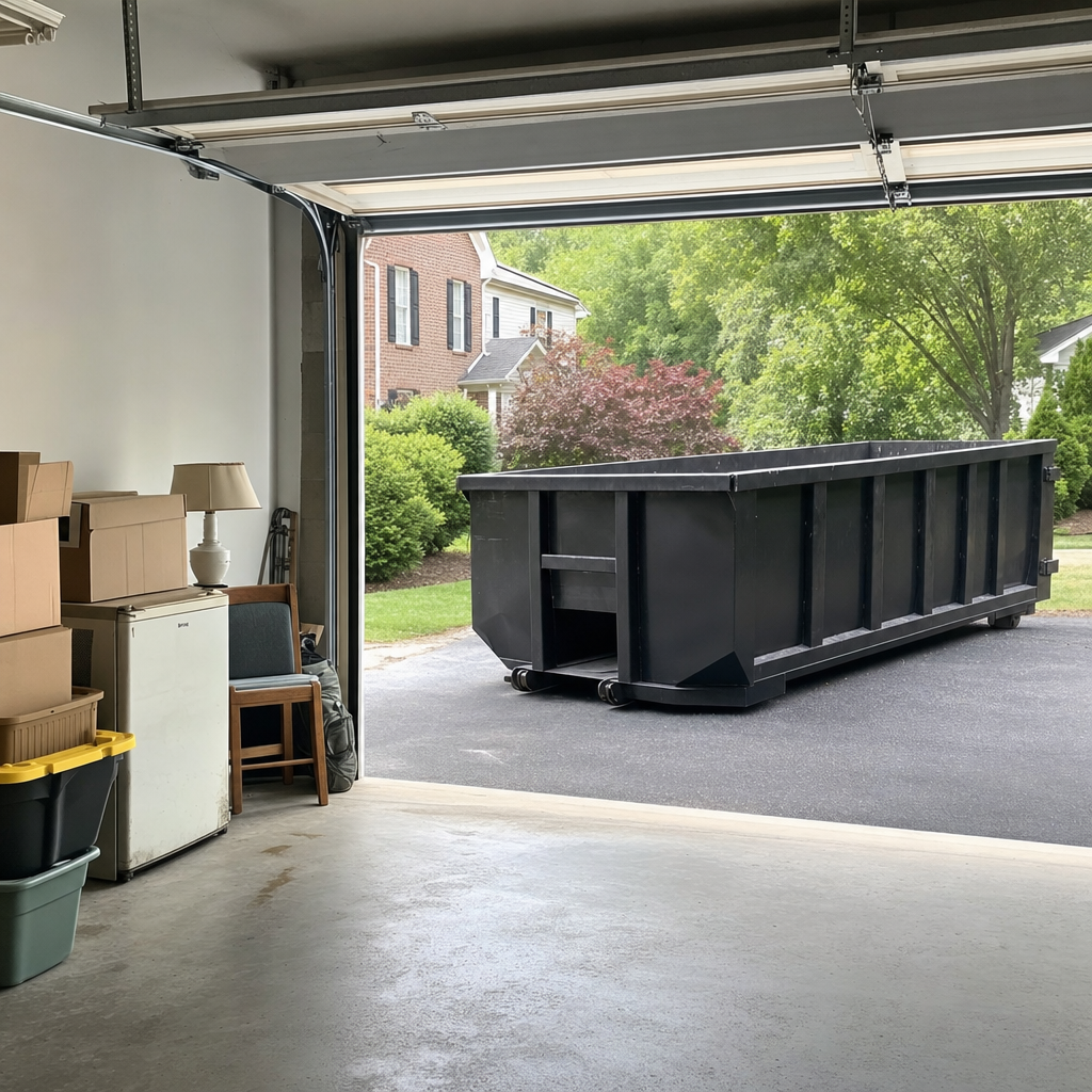 Open garage interior in a Palm Coast home mid-cleanout — boxed items, an old appliance, and stacked yard tools queued near the driveway for a matte-black roll-off dumpster, organized and calm