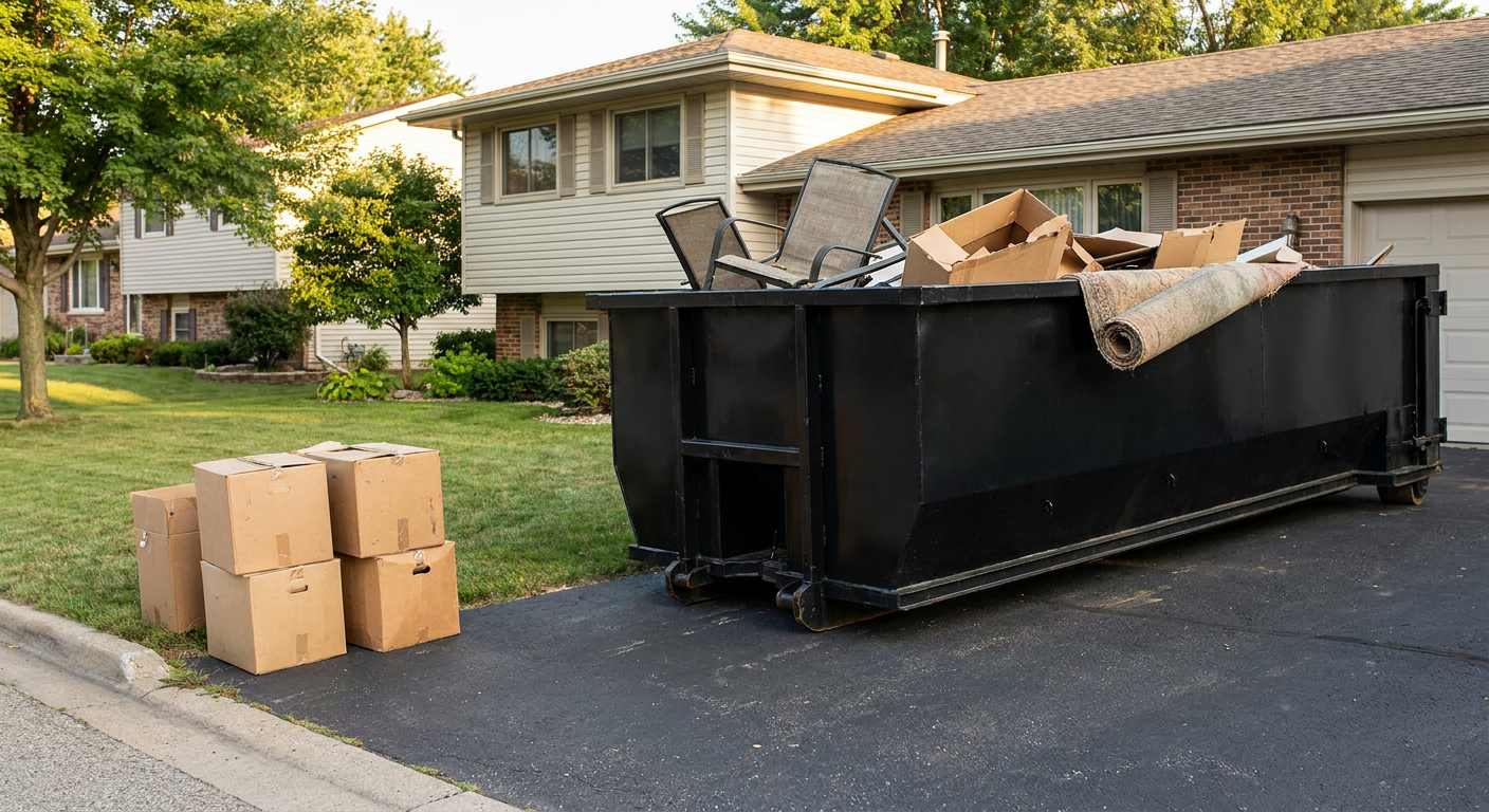 Front-yard view of a Palm Coast split-level home with a 20-yard matte-black roll-off dumpster sitting directly on the asphalt driveway, a few clearly labeled donation boxes staged at the curb, calm sunny afternoon.