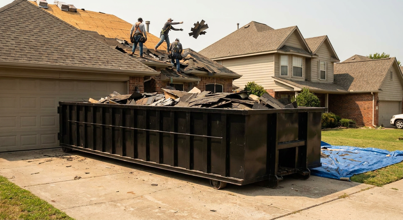 Matte-black roofing roll-off dumpster placed directly on a Palm Coast residential concrete driveway, a tear-off crew on a two-story asphalt-shingle roof tossing shingle bundles into the low-walled container, bright daylight, documentary 35mm perspective.