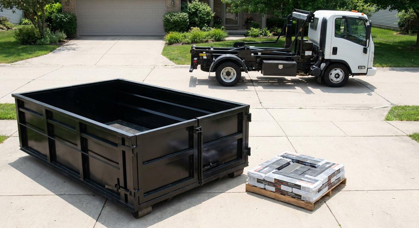 Matte-black 15-yard roofing roll-off dumpster with reinforced low side walls sitting directly on a Palm Coast residential concrete driveway, three-tab asphalt shingle bundles stacked nearby, an unmarked white hauler truck partially visible at the edge of the frame.