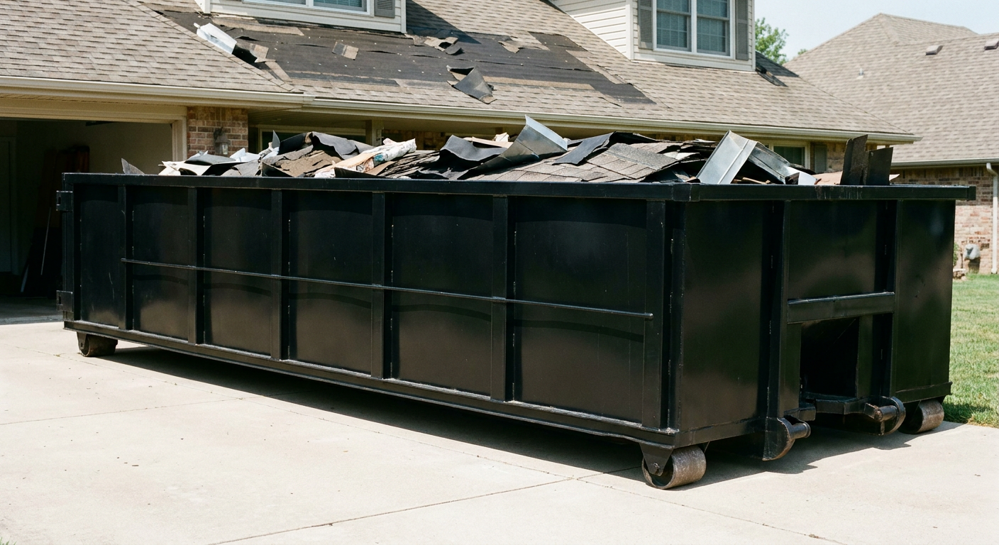 Matte-black 20-yard roofing roll-off dumpster with steel ribbed sides and swinging rear door, sitting directly on the concrete driveway of a two-story Palm Coast home, asphalt shingle debris being loaded over the low wall, clean documentary lighting.