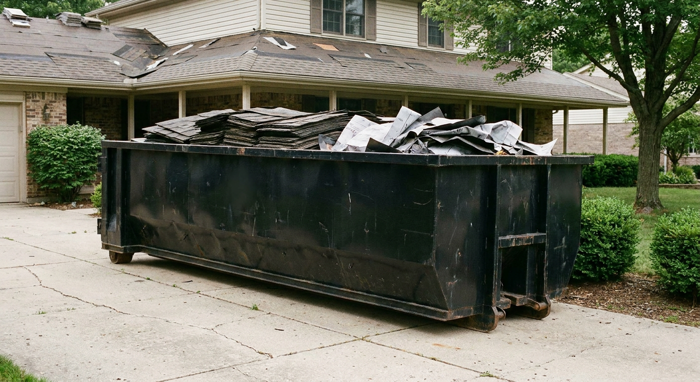 Matte-black 30-yard roofing roll-off dumpster sitting directly on a Palm Coast concrete driveway, taller ribbed steel side panels, mixed tear-off debris of asphalt shingles and underlayment inside, professional documentary daylight.
