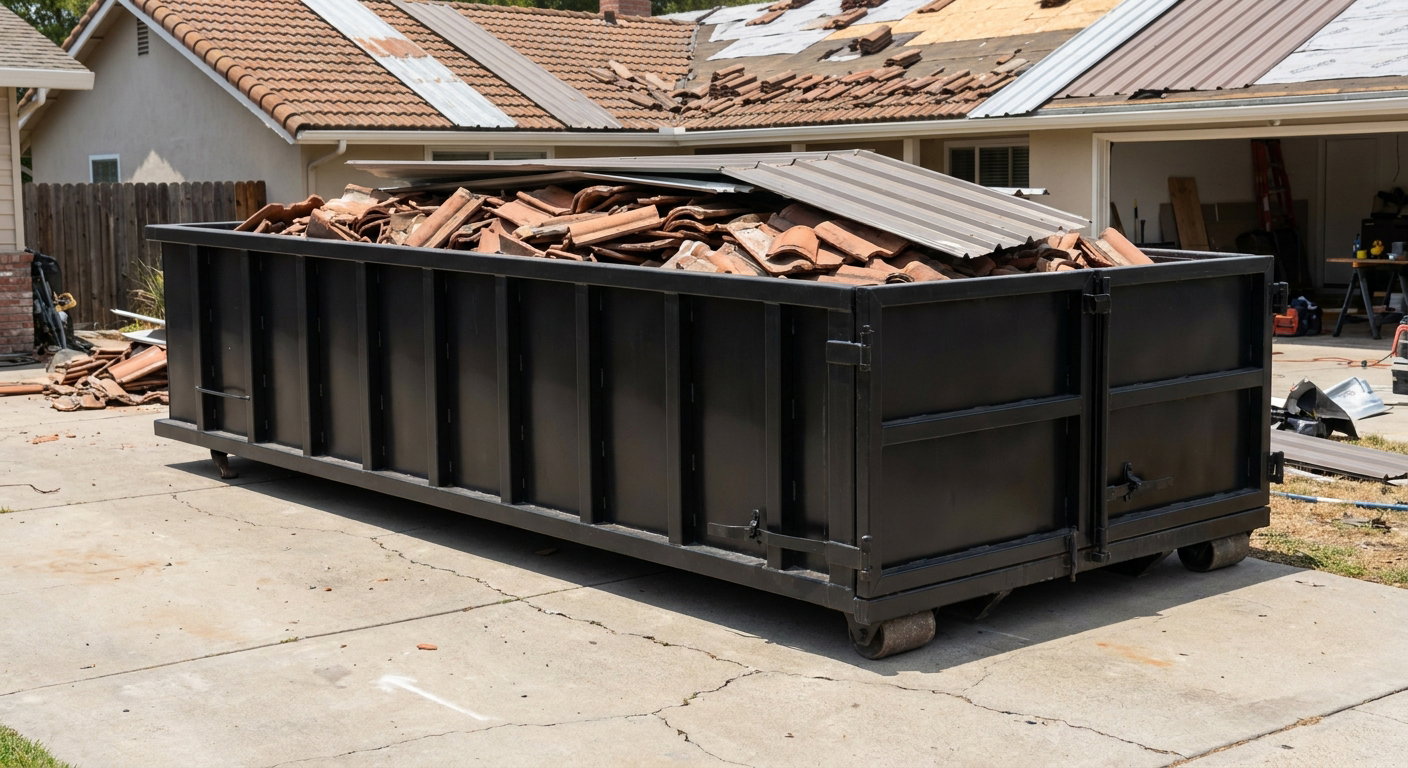 Matte-black low-wall heavy-debris roofing roll-off dumpster sitting directly on a Palm Coast concrete driveway, broken concrete clay roof tiles and metal panel sections loaded inside, reinforced ribbed steel side walls visible, bright outdoor daylight.