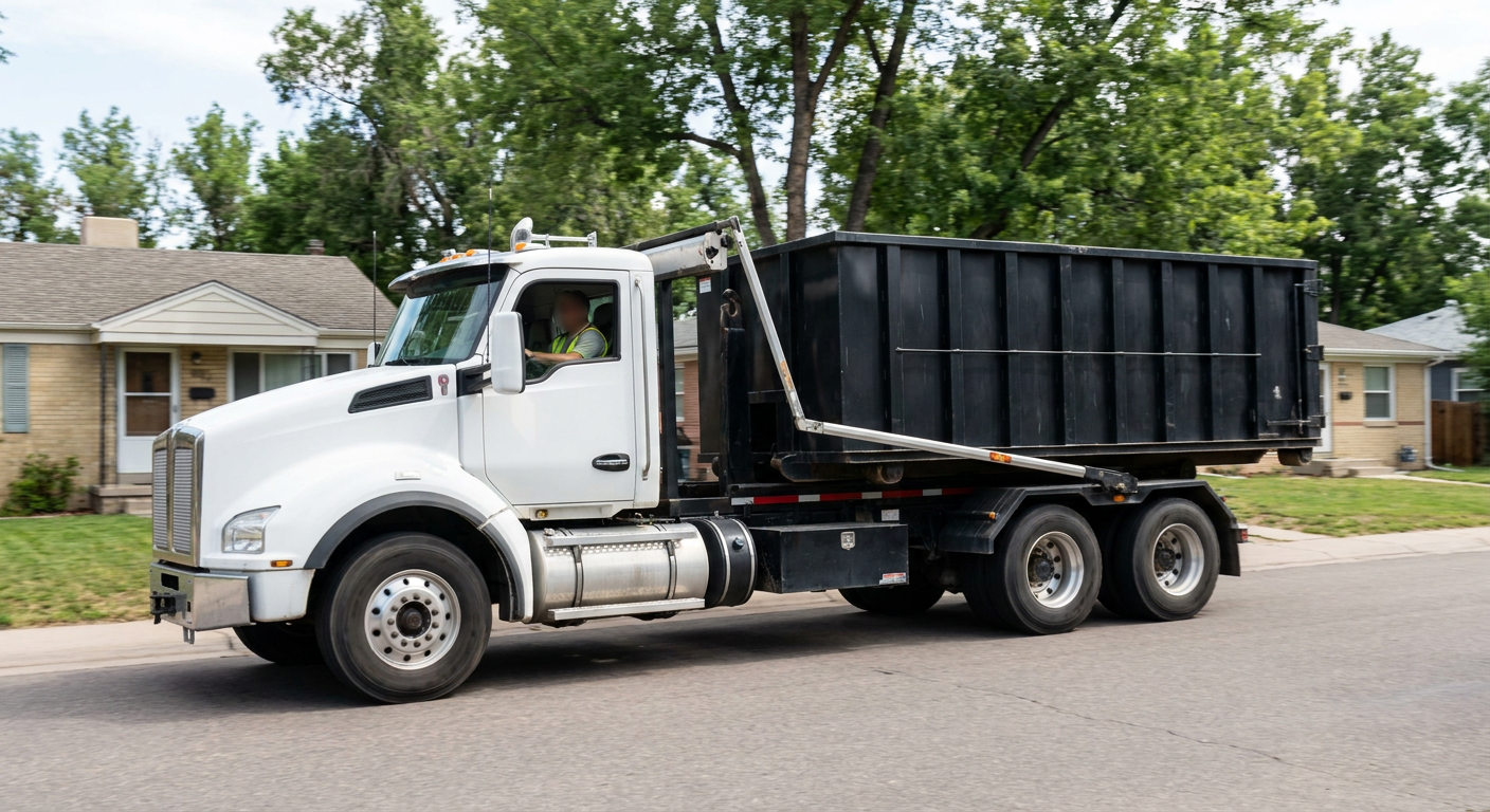 A wide documentary shot of a matte-black roll-off delivery truck pulling onto a quiet Palm Coast residential street at mid-morning, with neighborhood rooftops and tree-lined blocks visible behind, showing the metro coverage footprint.