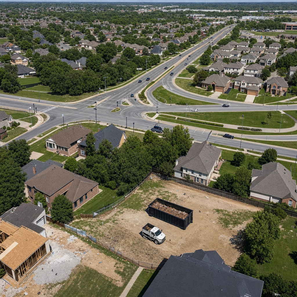 An overhead documentary view of the Palm Coast metro area at midday, showing the spread of neighborhoods, arterial roads, and the dispatch radius from a central yard — clean daylight, organized geographic layout.