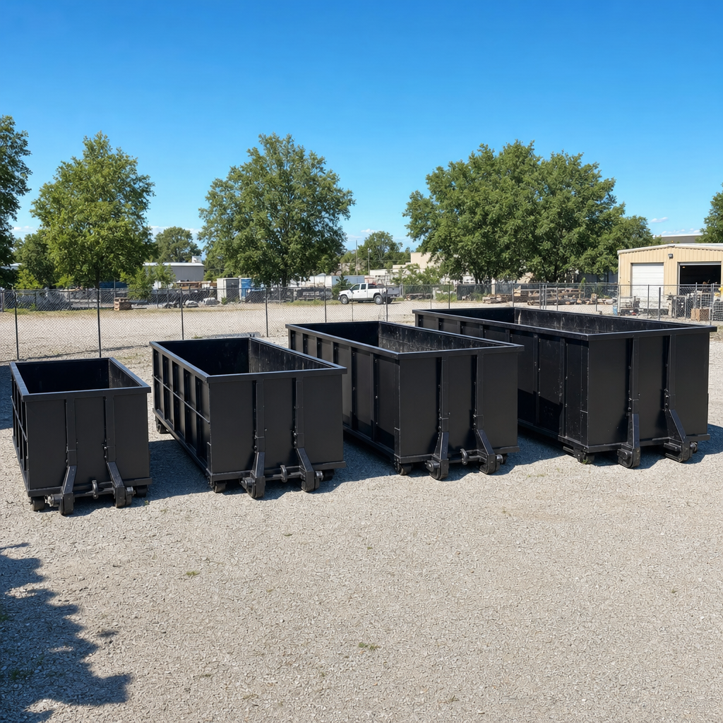 A clean lineup of matte-black roll-off dumpsters in 10, 20, 30, and 40-yard sizes staged on a sunlit gravel yard in Palm Coast, showing the size progression from compact to commercial-scale containers.