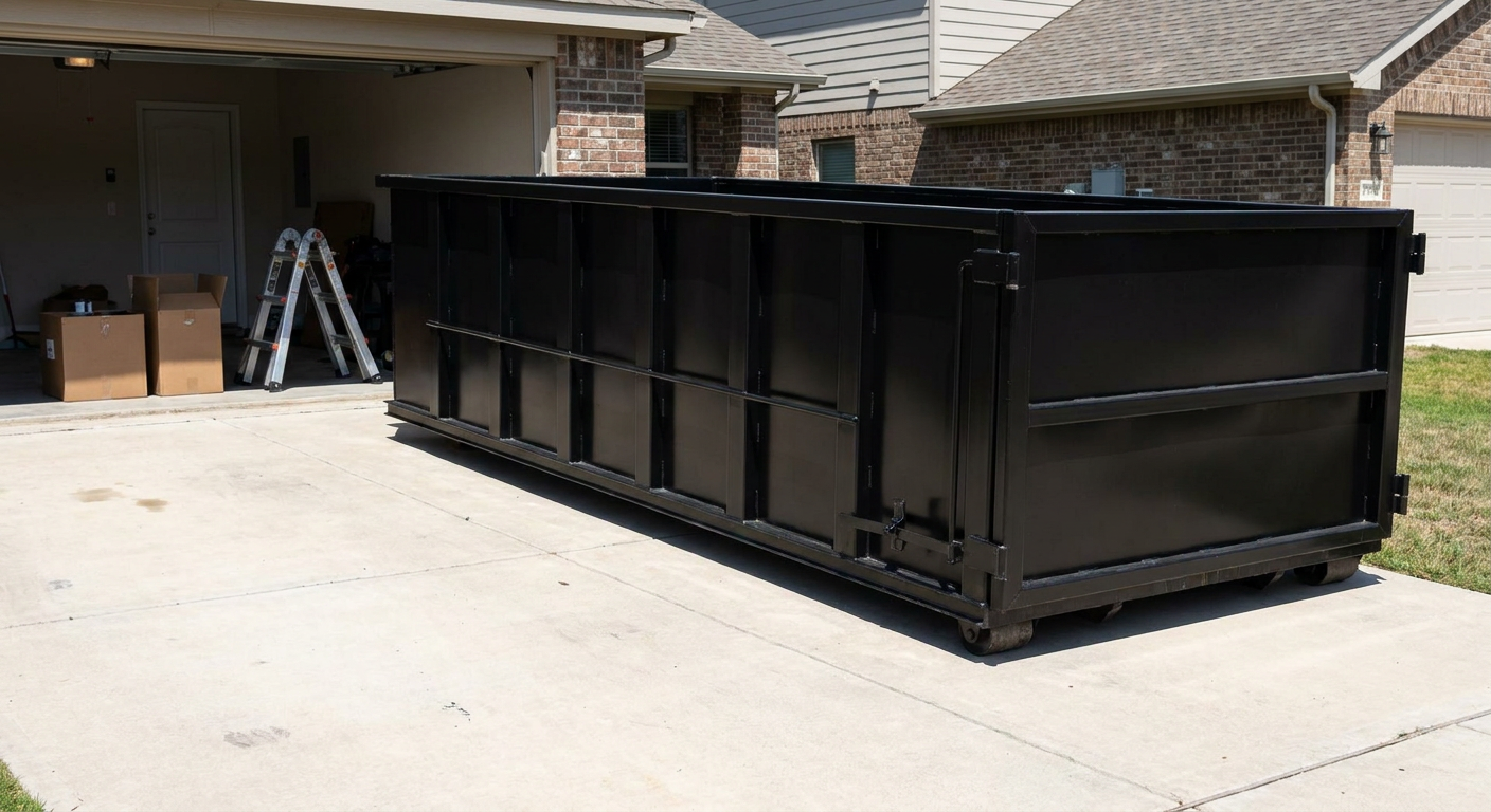A matte-black 10-yard roll-off dumpster sitting directly on a residential Palm Coast concrete driveway, mid-day sunlight, clean and ready for a garage cleanout.