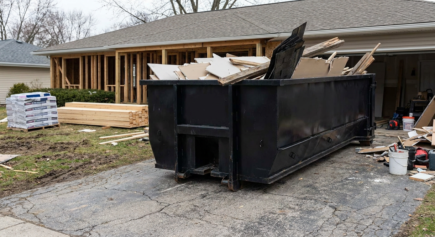 A matte-black 20-yard roll-off dumpster placed alongside a mid-renovation Palm Coast home directly on the asphalt driveway, with framing materials and torn-off shingles staged neatly nearby.