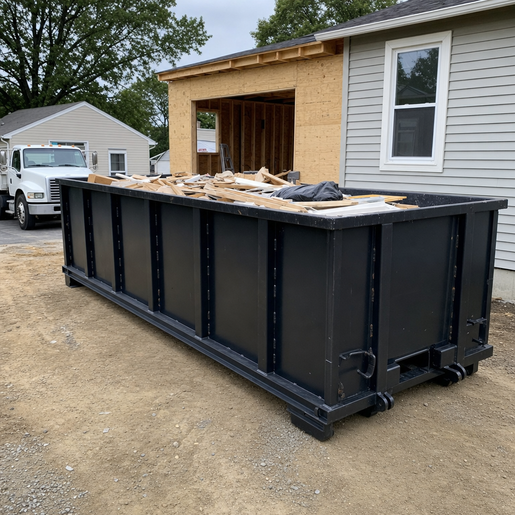 A matte-black 30-yard roll-off dumpster positioned at a Palm Coast residential addition jobsite, with framing lumber and drywall scraps loaded through the open swinging rear doors.