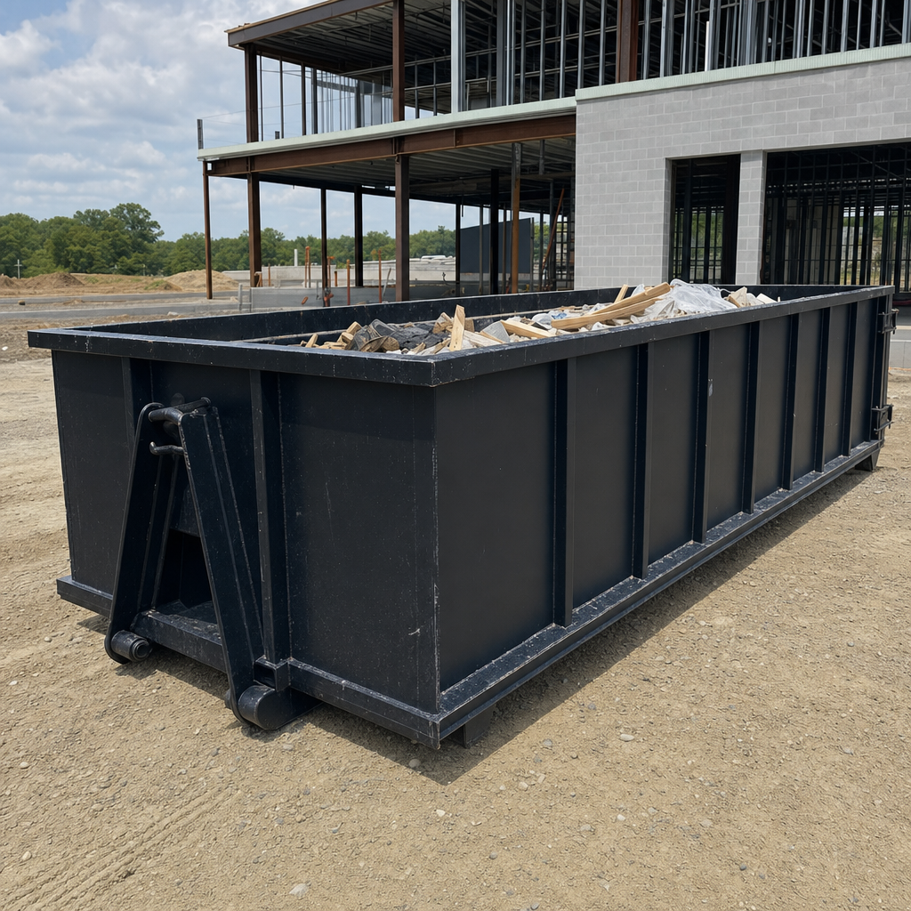 A matte-black 40-yard roll-off dumpster staged on a large Palm Coast commercial construction lot, with a hooklift delivery truck parked alongside under bright midday sky.