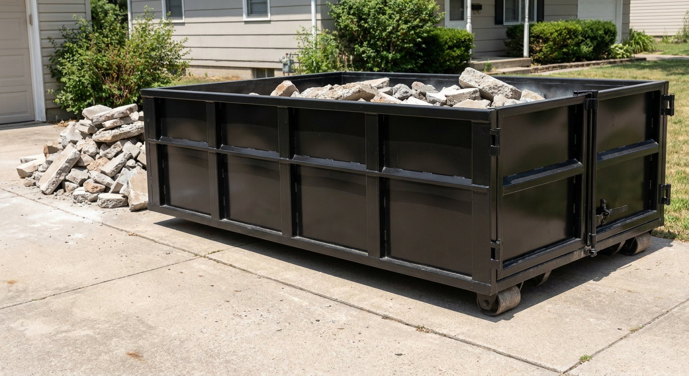 A matte-black low-side heavy-debris roll-off dumpster placed directly on a Palm Coast concrete driveway, with broken concrete chunks neatly stacked beside it under clean daylight.